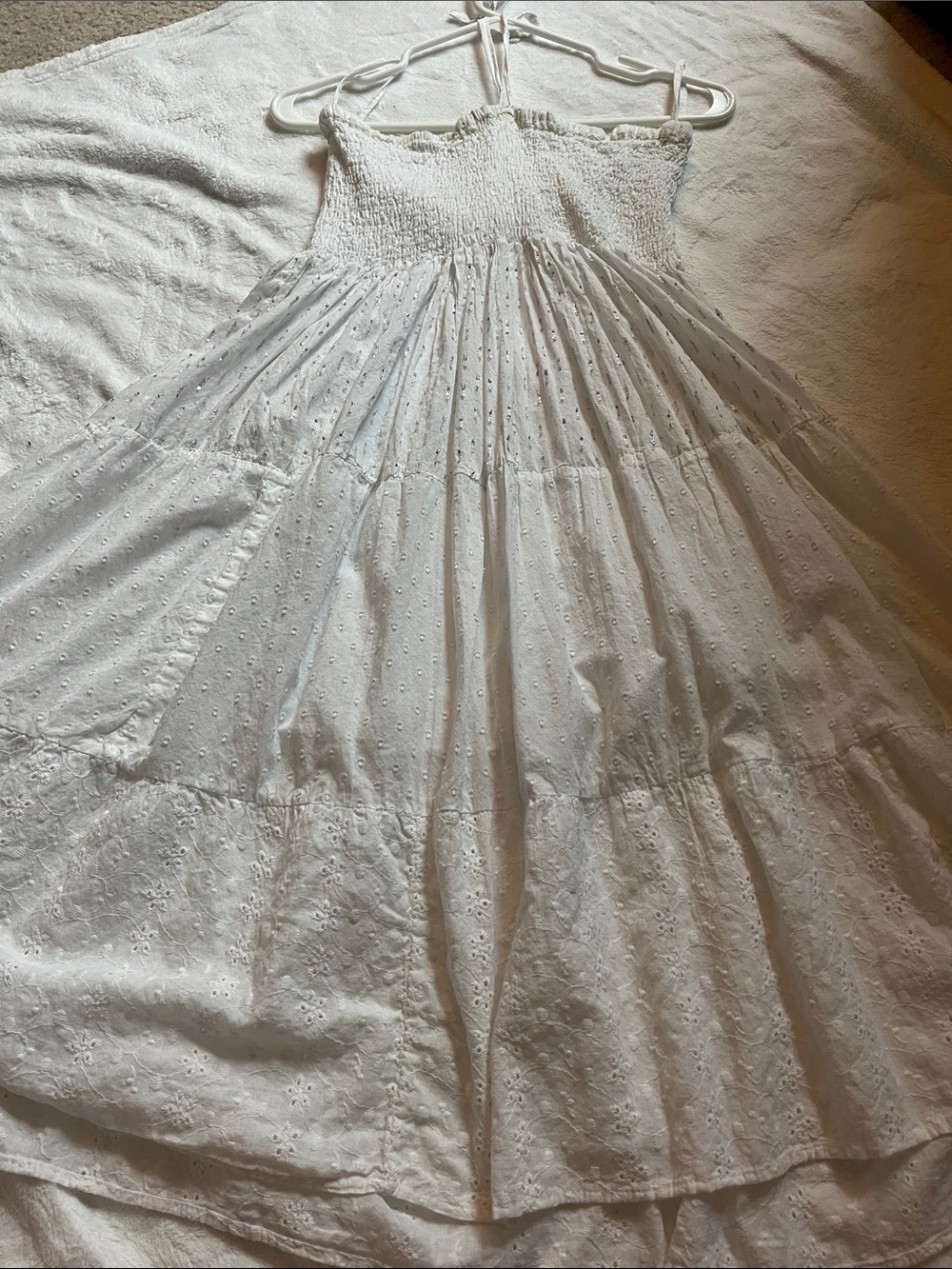 White Eyelet Smocked Midi Dress with Straps